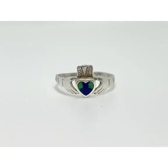 1970s Vintage Sterling Silver .925 & Blue Green Lapis Claddagh Ring, Size 7 - Picture 2 of 5